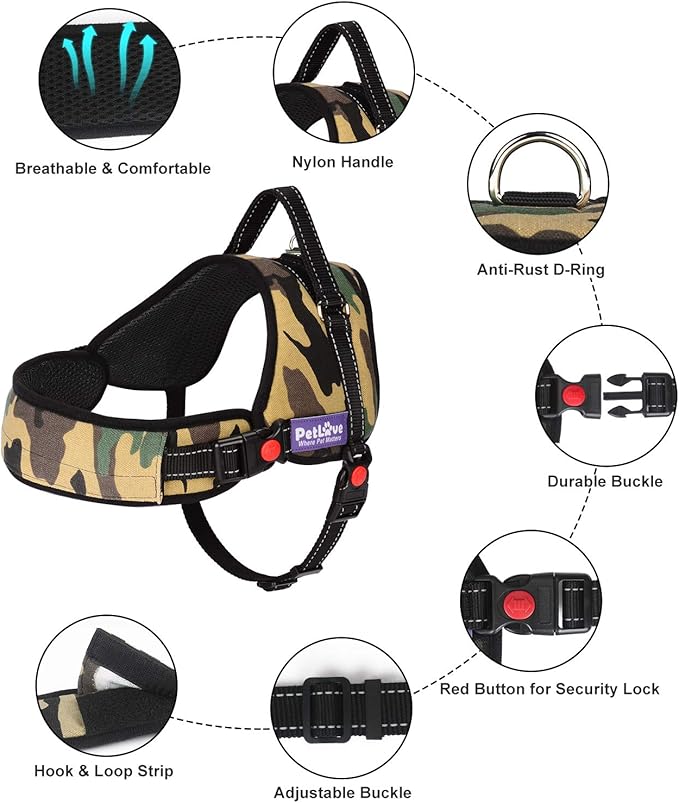 PetLove Dog Harness, Adjustable Soft Leash Padded No Pull Dog Harness for Small Medium Large Dogs, Camouflage