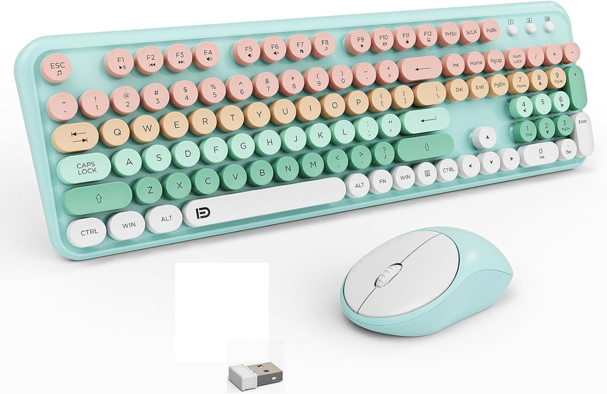 FD 2.4GHz Wireless Keyboard and Mouse Set with Switch Button - Full-Size Keyboard - Compatible for Windows/Laptop/PC/Notebook/Smart TV and More - Blue White Colorful