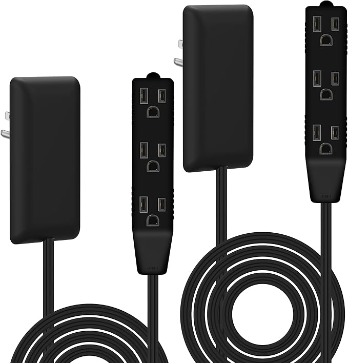 LIDER Flat-Face Outlet Extender with 3 Receptacles, Ultra-Thin Wall Plate Plug with Cord Extender and 3-Outlet Power Strip, 8ft Cord, LWE8-315-BK2P, ETL-Listed, Black, 2 Pack