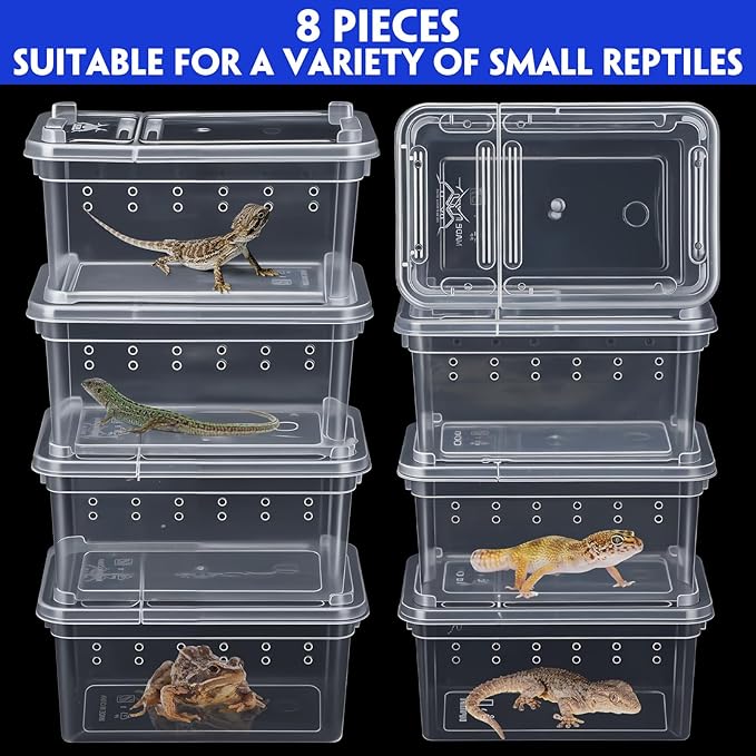 Irenare 8 Pcs Reptile Breeding Box Plastic Spider Terrarium Tarantula Feeding Box for Bearded Dragon Lizard Spider Gecko Scorpion(Vent Holes,Clear,4.33 x 2.76 x 2.95 Inch)