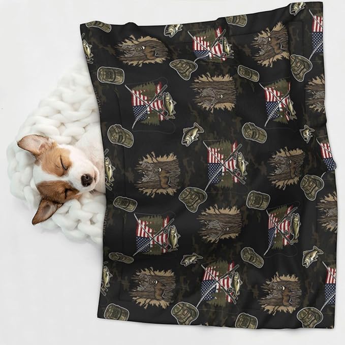 Dog Cat Blanket Double Sided, Hunting Deer Bass Fishing Lure Camo Camouflage American Flag Black, Plush with Raised Dot Pattern and Smooth Reverse for Cuddling