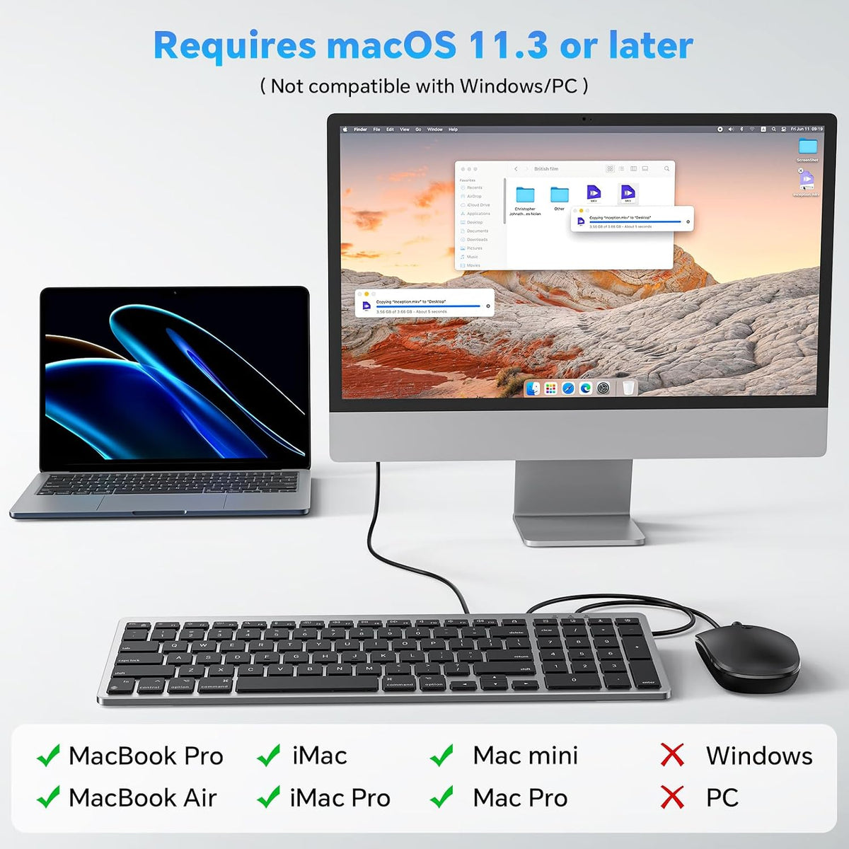 OMOTON Keyboard and Mouse for Mac, Wired USB-C & USB-A, Zero Setup, Grey
