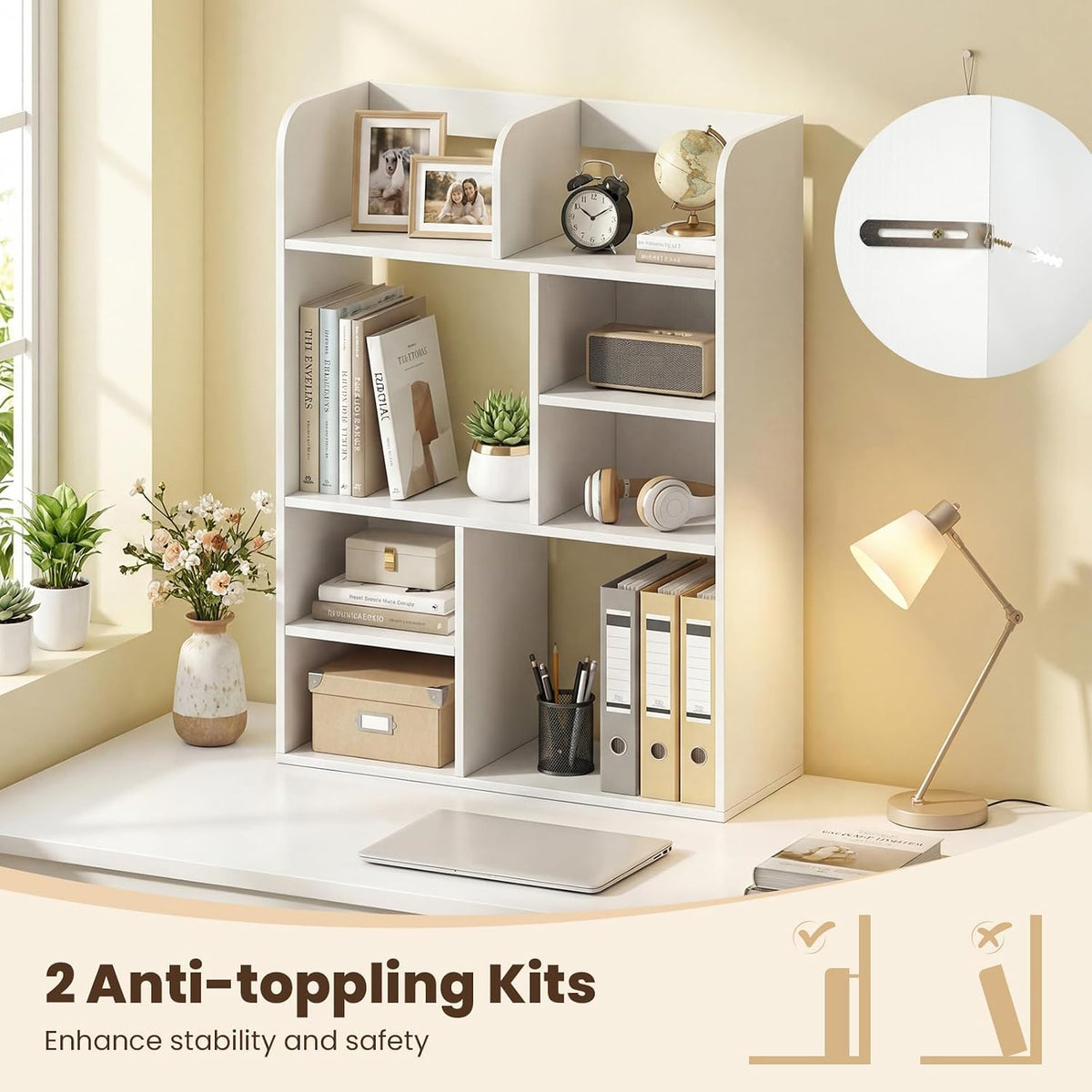 GIANTEX 3-Tier Desktop Bookshelf, 23.5" Desk Hutch Dorm with 8 Open Storage Cubes, Desk Organizer Shelf for Computer Desk, White Desk Shelves for Home Office College Dressing Tabletop