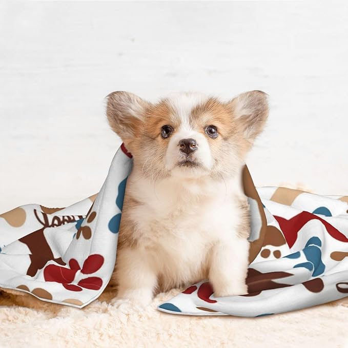 Two Sided Pet Cuddler Blanket for Anxiety Calming, Dog Bones Paw Prints Cream, Reversible Plush Design with Bubble Dot Pattern Provides Familiar Surface Anywhere