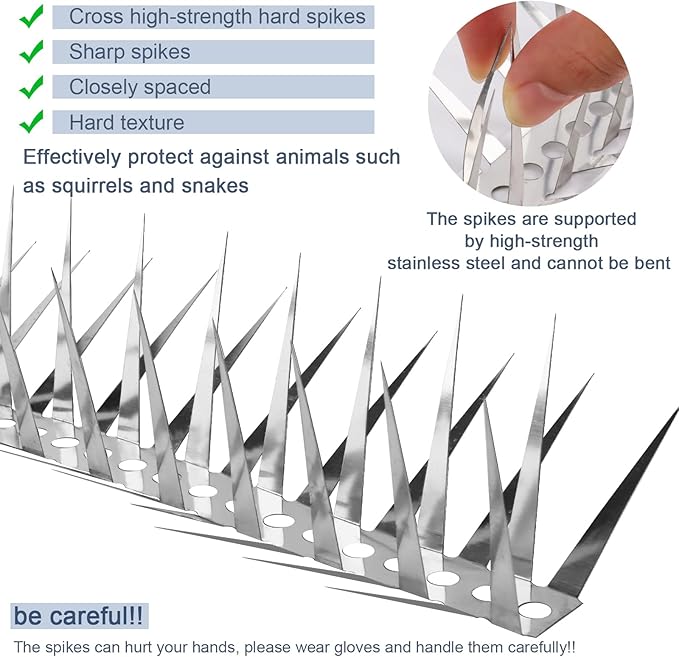 Bird Spikes,79 inch Stainless Steel Bird Deterrent Spikes,Raccoon and Snake Deterrent,Squirrel Baffles for Bird Feeders,Pigeon Spikes for Outside,Anti climb spikes Garden Fences and Fruit Trees