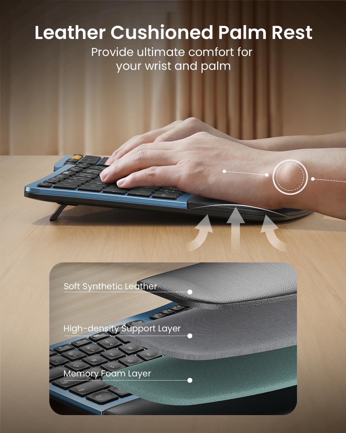 ProtoArc EK01 Plus Backlit Bluetooth Ergonomic Keyboard, Full Size, Blue