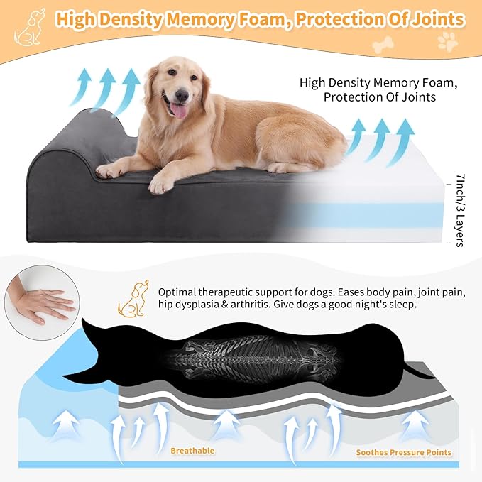 Orthopedic Dog Beds for Large Dogs, 7" Memory Foam Dog Beds with Waterproof Liner, Chew Proof Microsuede Cover, Removable and Washable, Nonskid Bottom, 60"x48" XXL Grey