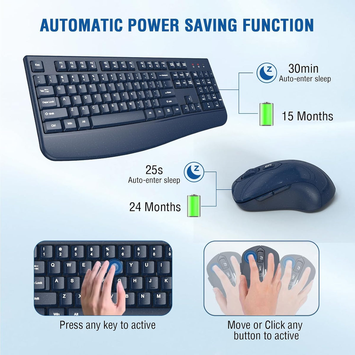 EDJO Wireless Keyboard and Mouse Combo, USB Plug & Play (Galaxy Blue)