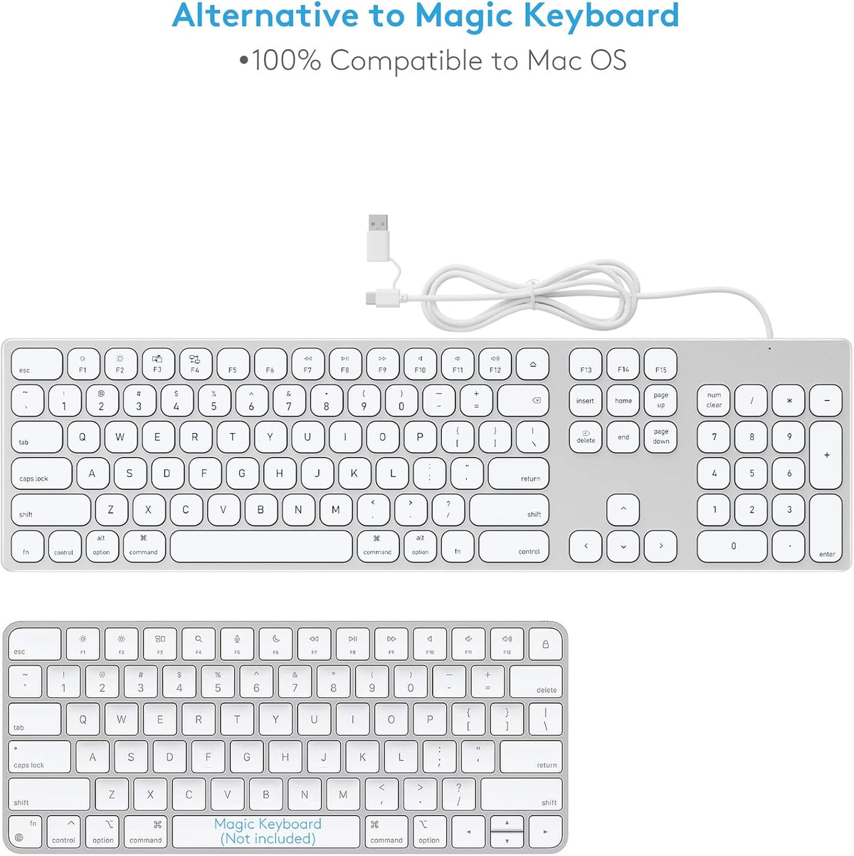 9H Aluminum USB Wired Keyboard with Numeric Keypad for Mac & PC