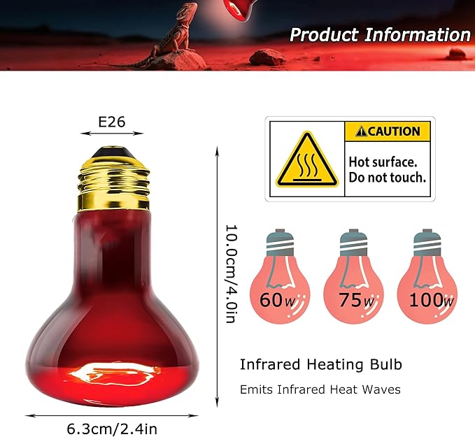 Reptile Red Heat Bulb 75W – Infrared Night Lamp for Lizards and Snakes, 2000H Lifespan, E26 Socket