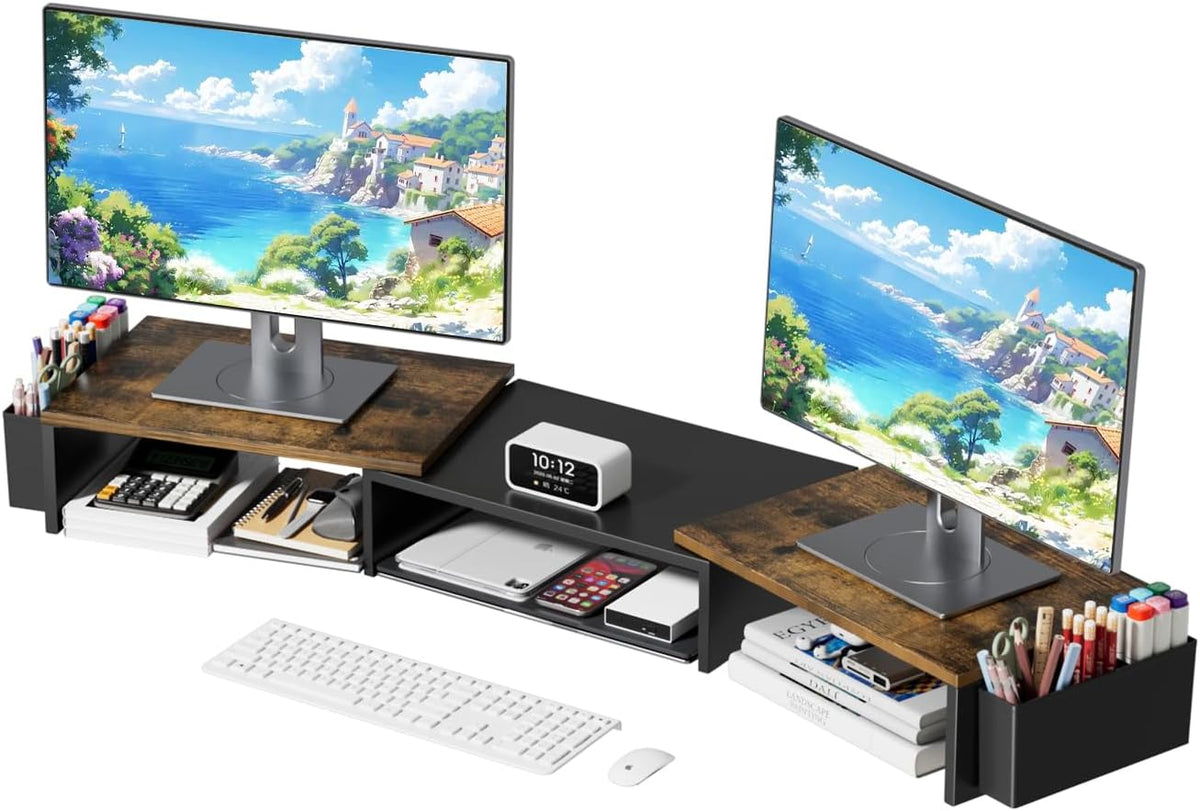 AUPSEN Dual Monitor Stand Riser with 2 Pen Holders, Desk Organizer, Brown