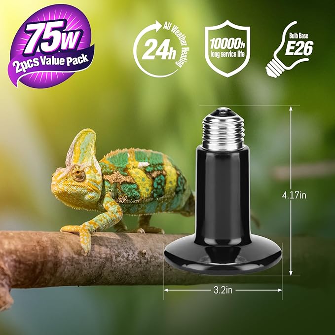 Leoterra 75w Ceramic Heat Emitter, Reptile Heat Lamp,for Reptiles, Chicken Coop, Dog, Cat House Use Heat Lamp,Durable and Gives Off No Light (2pcs)