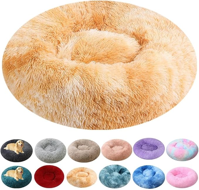 Dog Bed & Cat Bed for Small Medium Dogs, 27 Inch Calming Dogs Bed Anti-Anxiety Machine Washable Fluffy Luxury Anti-Slip Waterproof Pet Puppy Round Bed (Yellow White)