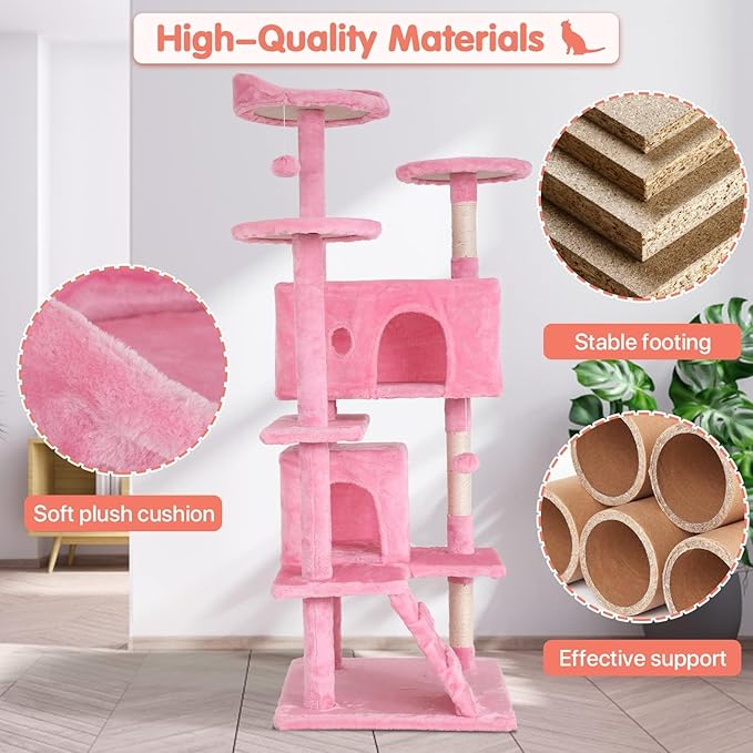 54in Cat Tree Cat Climbing Tower with Scratching Post, Cats House Perch Kitten Tree Condo Wood Playhouse, Pet Trees Tower for Indoor Cats, Pink