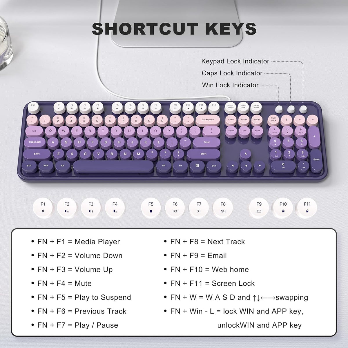 MOWUX Computer Keyboard Wired, Plug and Play USB Retro Round Typewriter Keyboard, Full Size Wired Keyboard with Foldable Stands for Laptop and Office PC- Purple Gradient