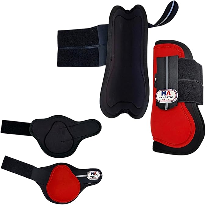 Majestic Ally Horse Leg Protection Fetlock and Tendon Boots Set, PU Shell, Neoprene Lining, Hook and Loop Closures, Multiple Colors and Sizes
