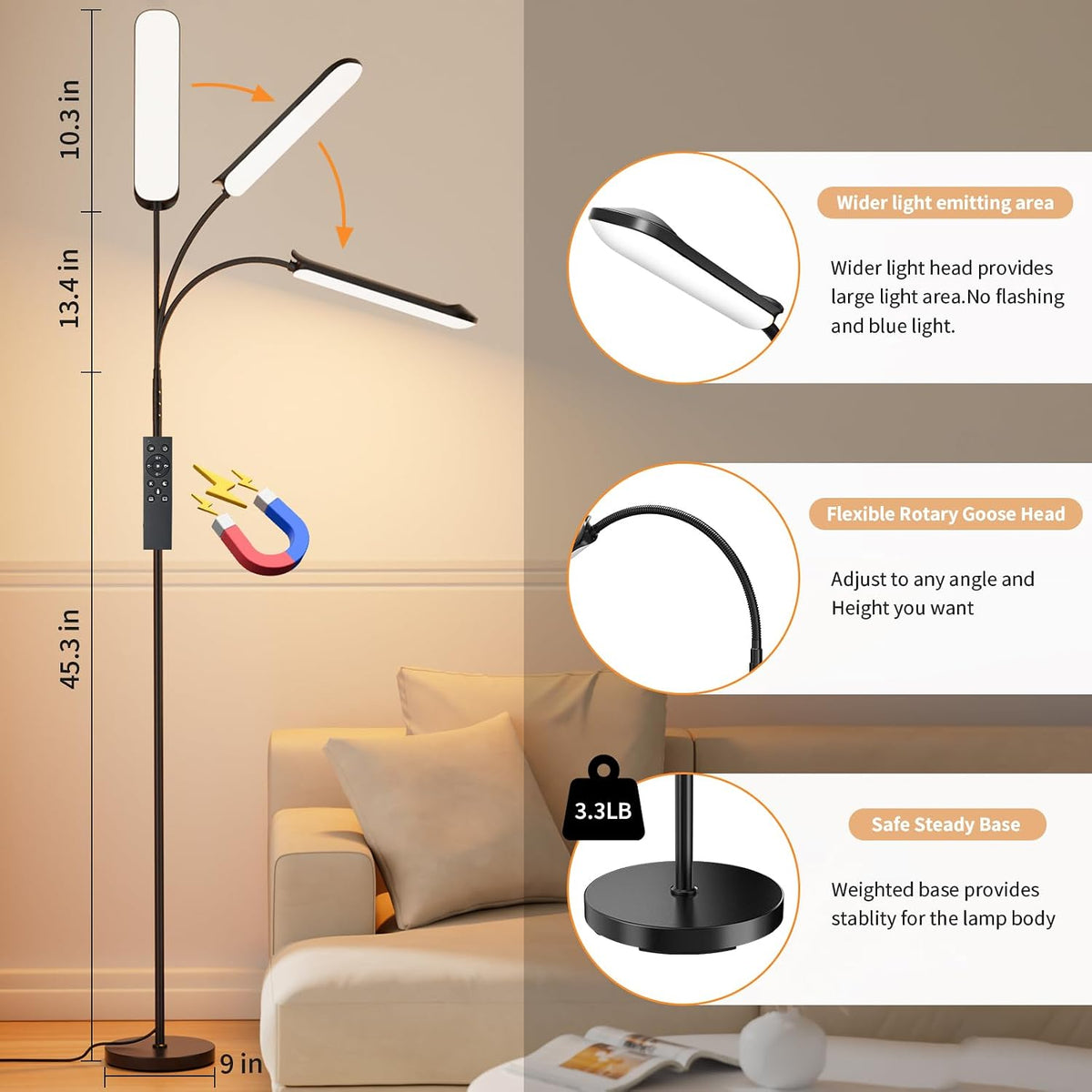 FRIDEKO HOME Floor Lamp for Living Room Over Chair Reading 18W 1800LM Black