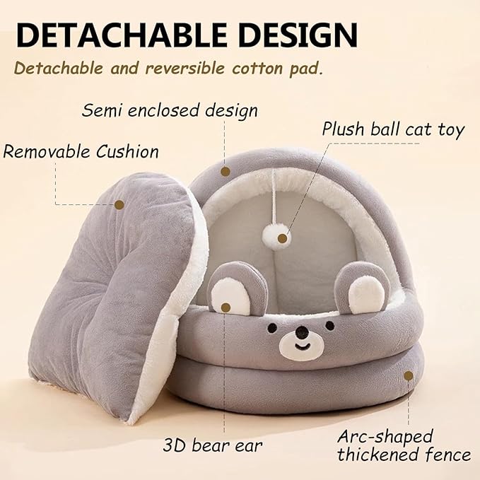 Cat Bed for Indoor Cats, Dog Bed with Anti-Slip Bottom, Rabbit-Shaped Cat/Small Dog Cave with Hanging Toy, Puppy Beds with Removable Cotton Pad, Super Soft Calming Pet Sofa Bed (Gray, Medium)