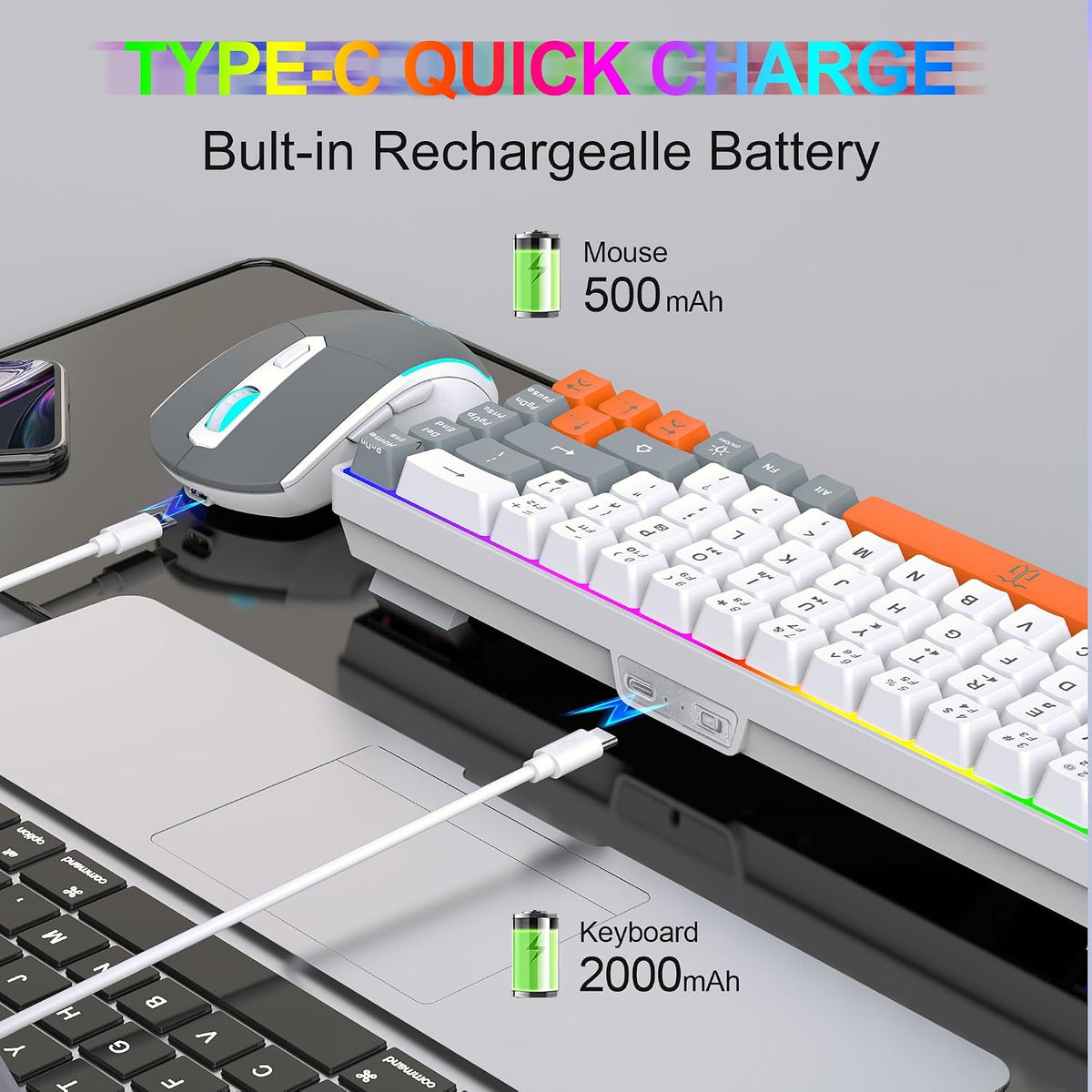Snpurdiri 60% Wireless Gaming Keyboard and Mouse Combo (Gray-White-Orange)