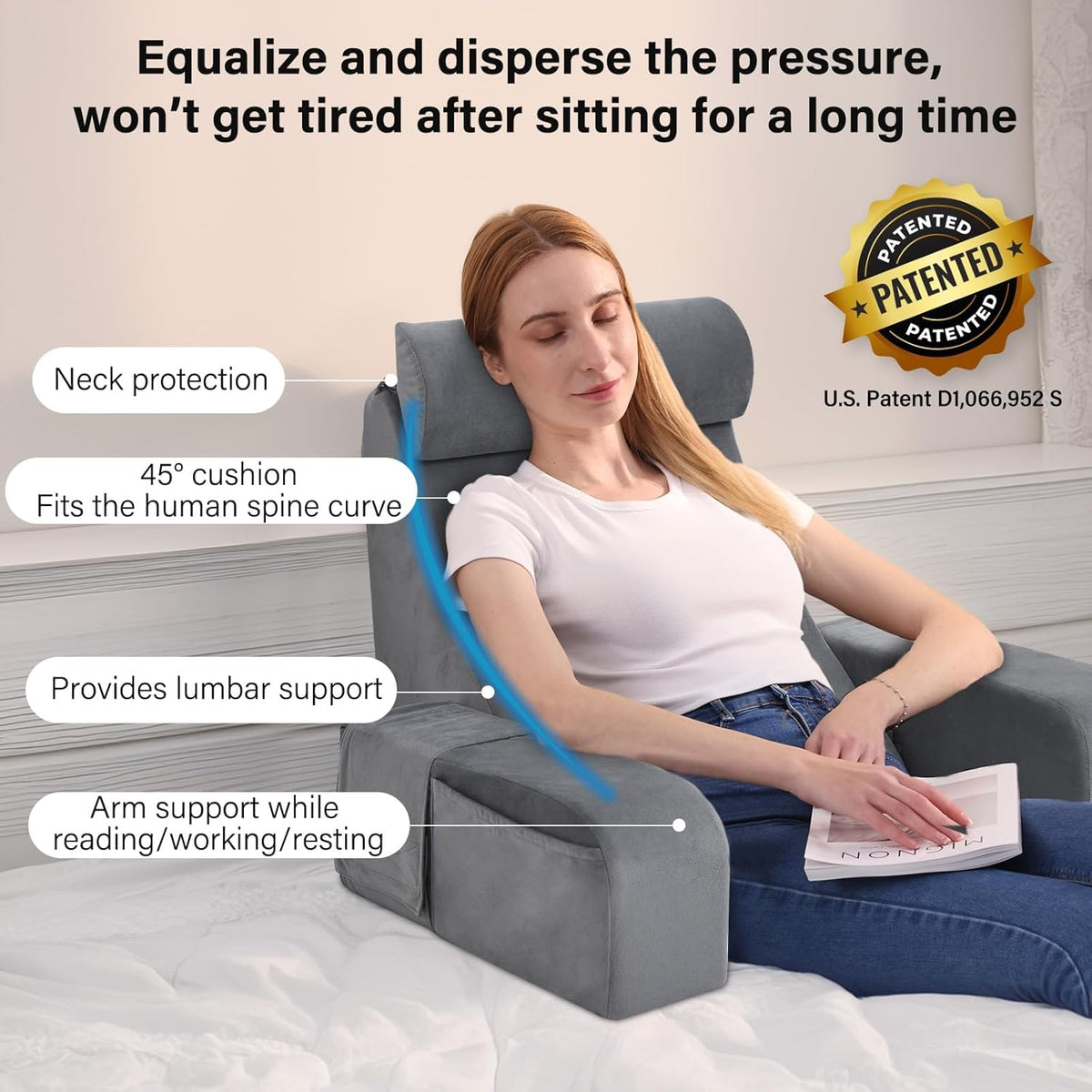 ENITYA 19" Reading Pillow for Bed with Firm Back Support & Big Pockets