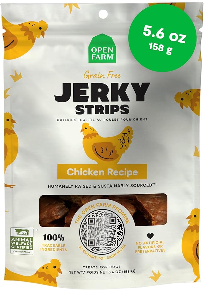 Open Farm, Dog Jerky Treats, Soft & Chewy Oven-Baked Jerky Strips Made with Ethically & Sustainably Sourced Ingredients, Protein Packed Dog Treats, Grain-Free Chicken Recipe, 5.6oz Pouch