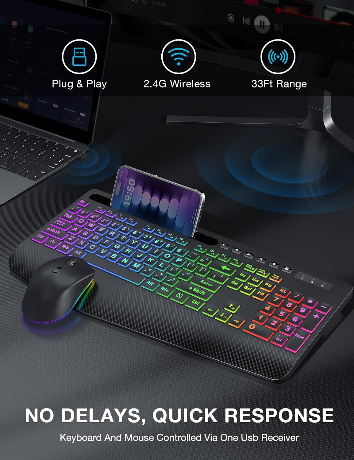SABLUTE Wireless Keyboard and Mouse Combo, 9 Backlit Effects, Large Print