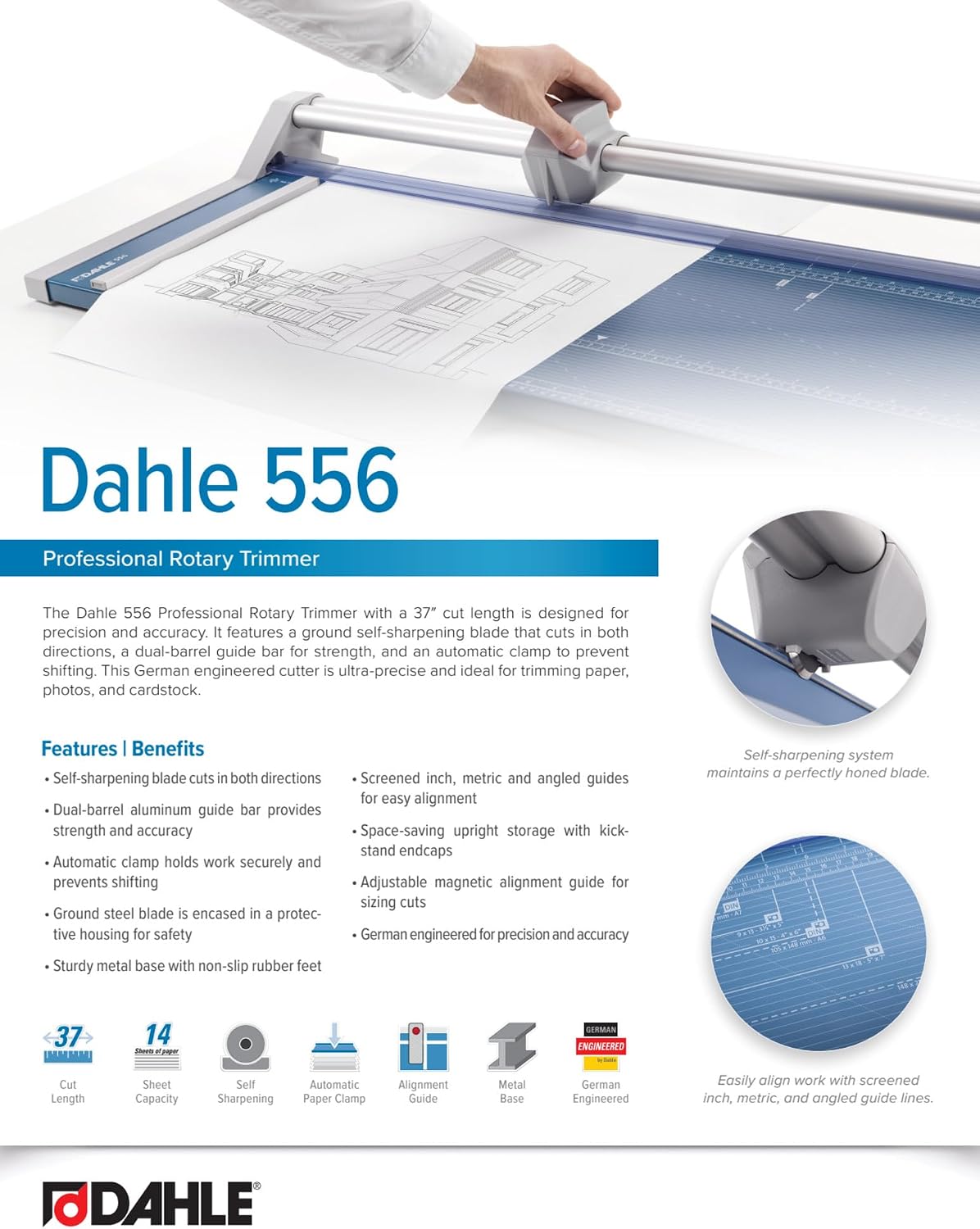 Dahle 556 Professional Rotary Trimmer, 37" Cut Length, 14 Sheet Capacity, Self-Sharpening, Dual Guide Bar, Automatic Clamp, German Engineered Paper Cutter
