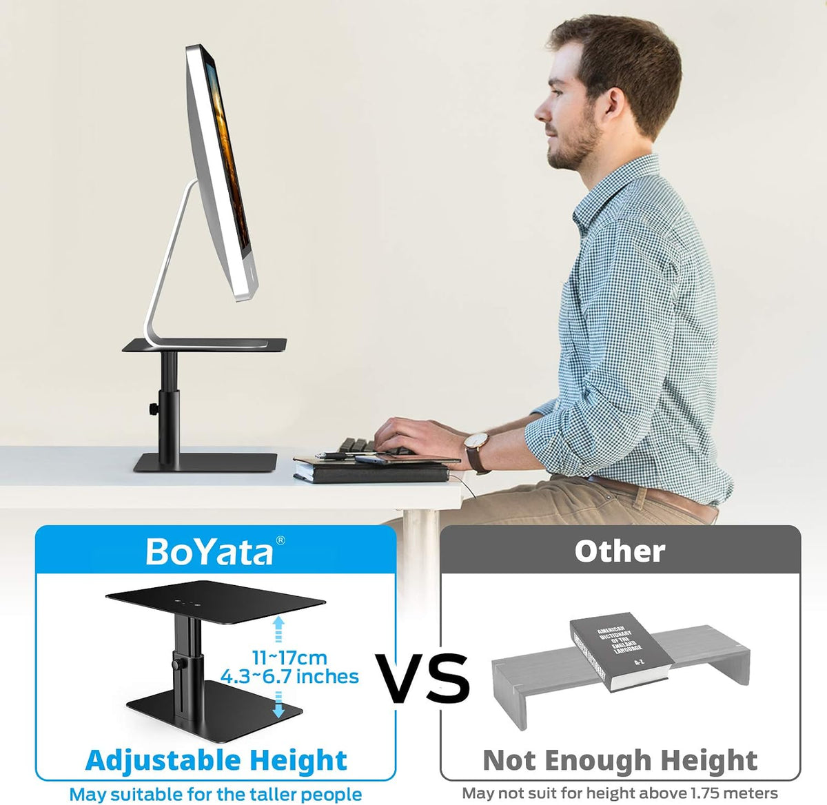 BoYata Monitor Stand, Adjustable Height Metal Desktop Riser, Black