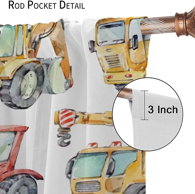 Kids Excavator Curtains, Retro Truck Tractor Machinery Construction Vehicle