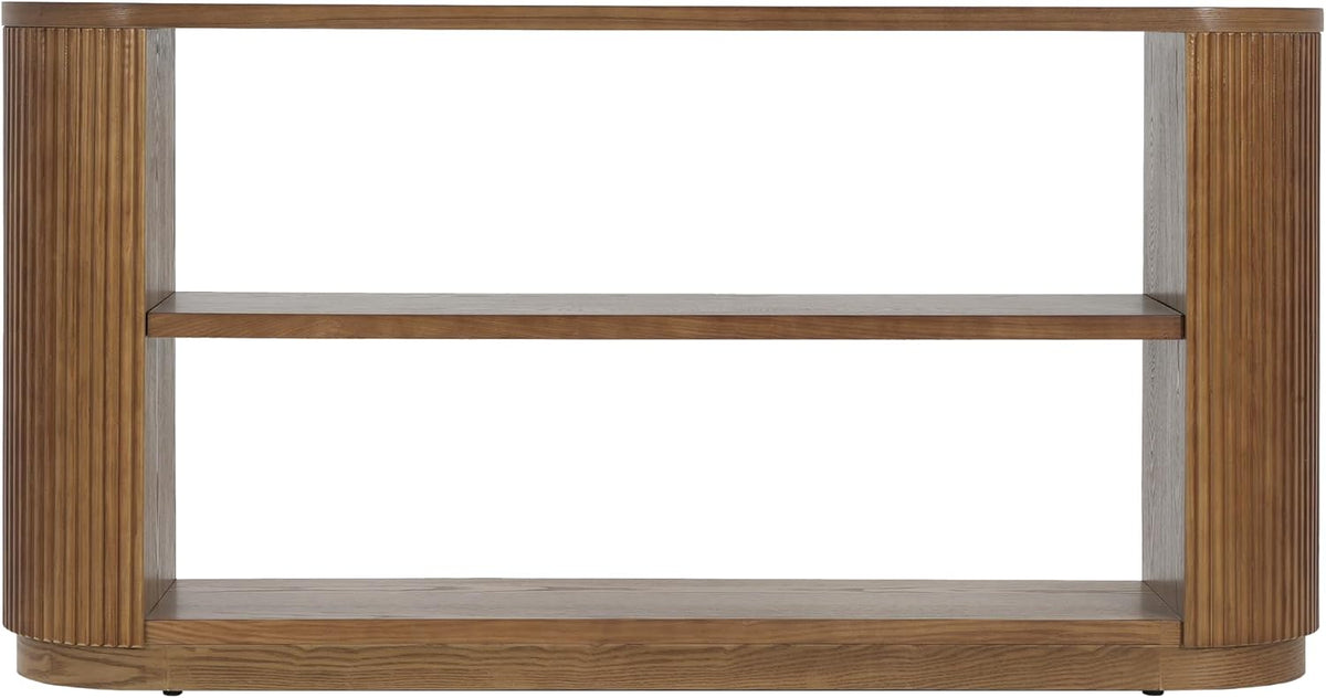 Modern Curved Console Table for Entryway, Farmhouse Solid Wood Fluted Sofa Table with Open Shelf & Elegant Wood Grain, Oval Long Foyer Table for Entry Way Hallway Living Room-58.9" Brown