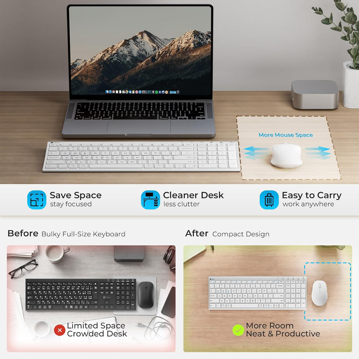 iClever DK05 Bluetooth Wireless Keyboard and Mouse Combo, Silver White