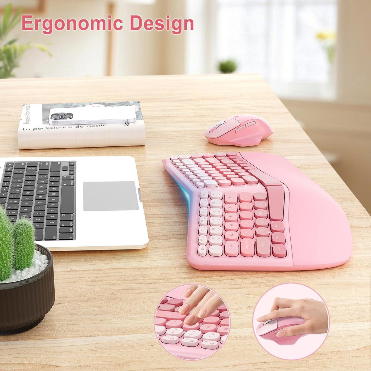 Ergonomic Wireless Keyboard Mouse, Gaming Typewriter Set with Wrist Rest