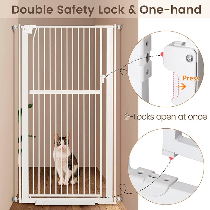 59” Extra Tall Pet Gate, Durable Metal Cat Gate with Double Safety Lock & Walk Thru Door - Self Closing/Stay Open/Open Both Ways, Pressure Mounted Dog Gate for Indoor Stairs, Doorways, Hallways