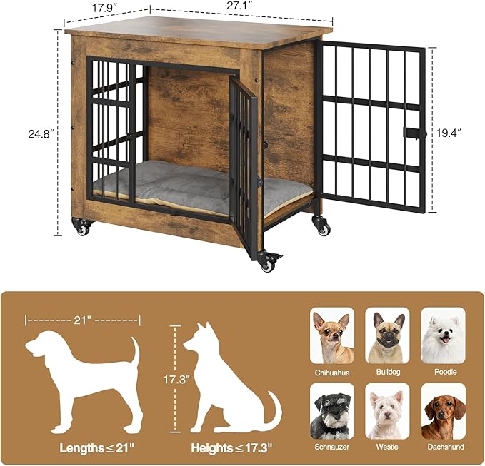27.1" Dog Crate Furniture with Cushion and Wheels, Wooden Dog Kennel Indoor for Small Dogs, Farmhouse Pet Cage for Anxiety Dog, Rustic Brown (27.1" L x 17.9" W x 24.8" H)