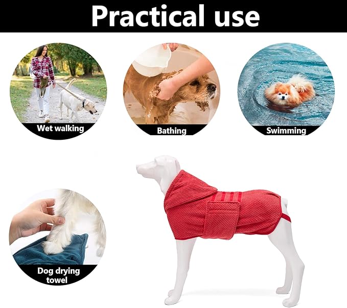 Geyecete Pineapple Grid Dog Drying Coat with Hood - Red, XL