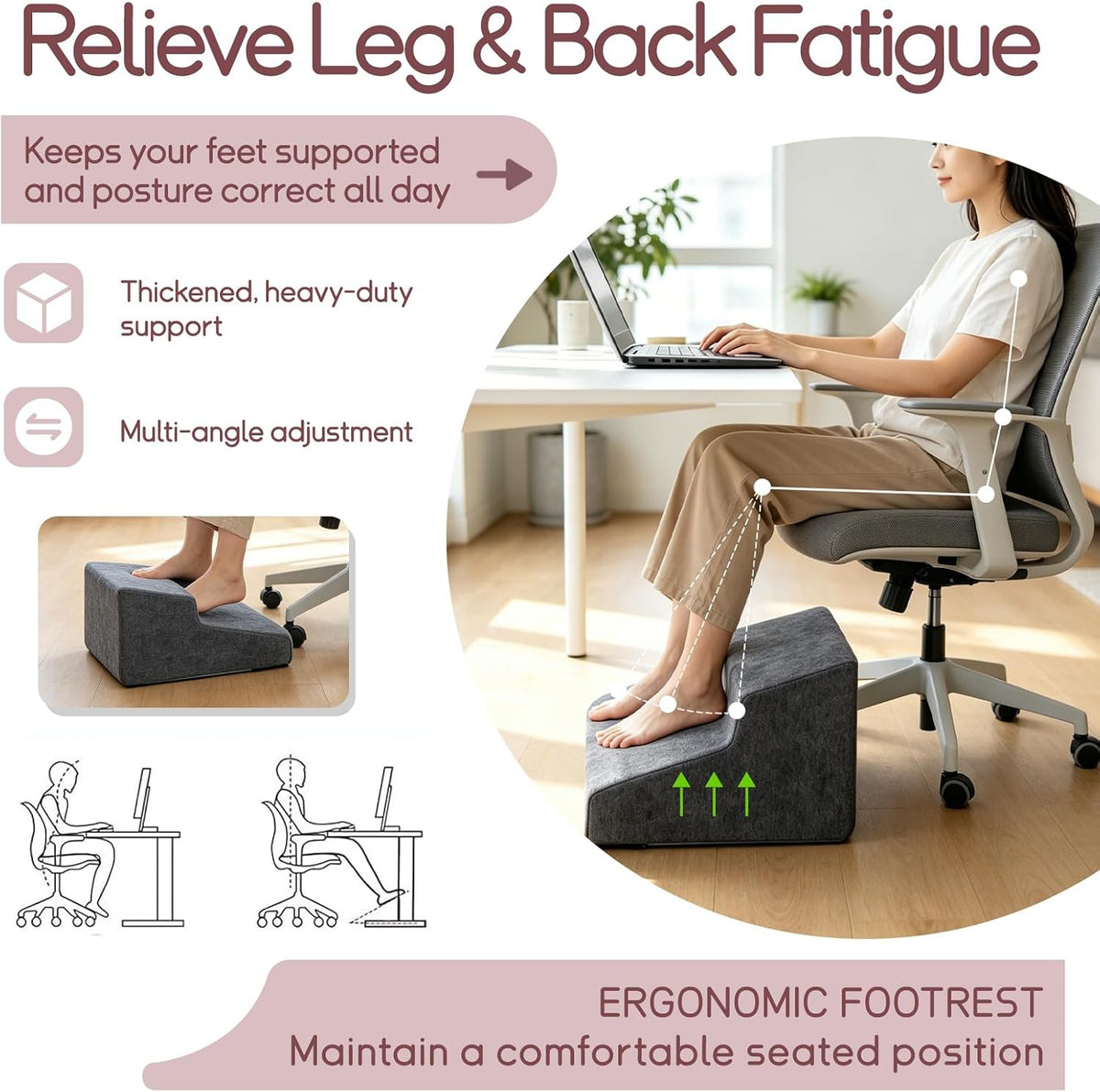 Foot Rest for Under Desk at Work, Ergonomic 2-Height Sponge Foot Stool for Office, Home, Sofa & Gaming Chair, Desk Accessories Footrest Cushion to Support Legs, Relax Ankles & Relieve Pain(B-Black)