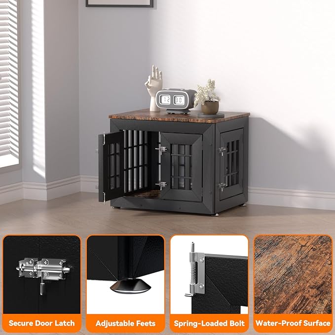 26" Heavy Duty Dog Crate Furniture for Small,Medium and Large Dogs,Rustic Wooden Dog Cage Kennel Indoor Furniture with Waterproof Top,Decorative Pet House Side End Table (Black & Wood)