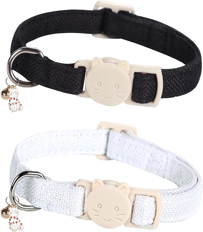 Cat Collar-2 Pack Cat Collar Black and White Linnet with Kitten and Bell Pendant Safety Buckle Adjustable Pet Collar Suitable for Cats Gift to Cats and Small Pets