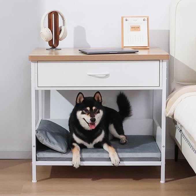 Multi-Functional Dog Bed End Table with Storage Drawer, Open Design Pet Bed with Removable Washable Cushion, Comfortable Resting Spot for Small & Medium Dogs, Indoor Use (White)