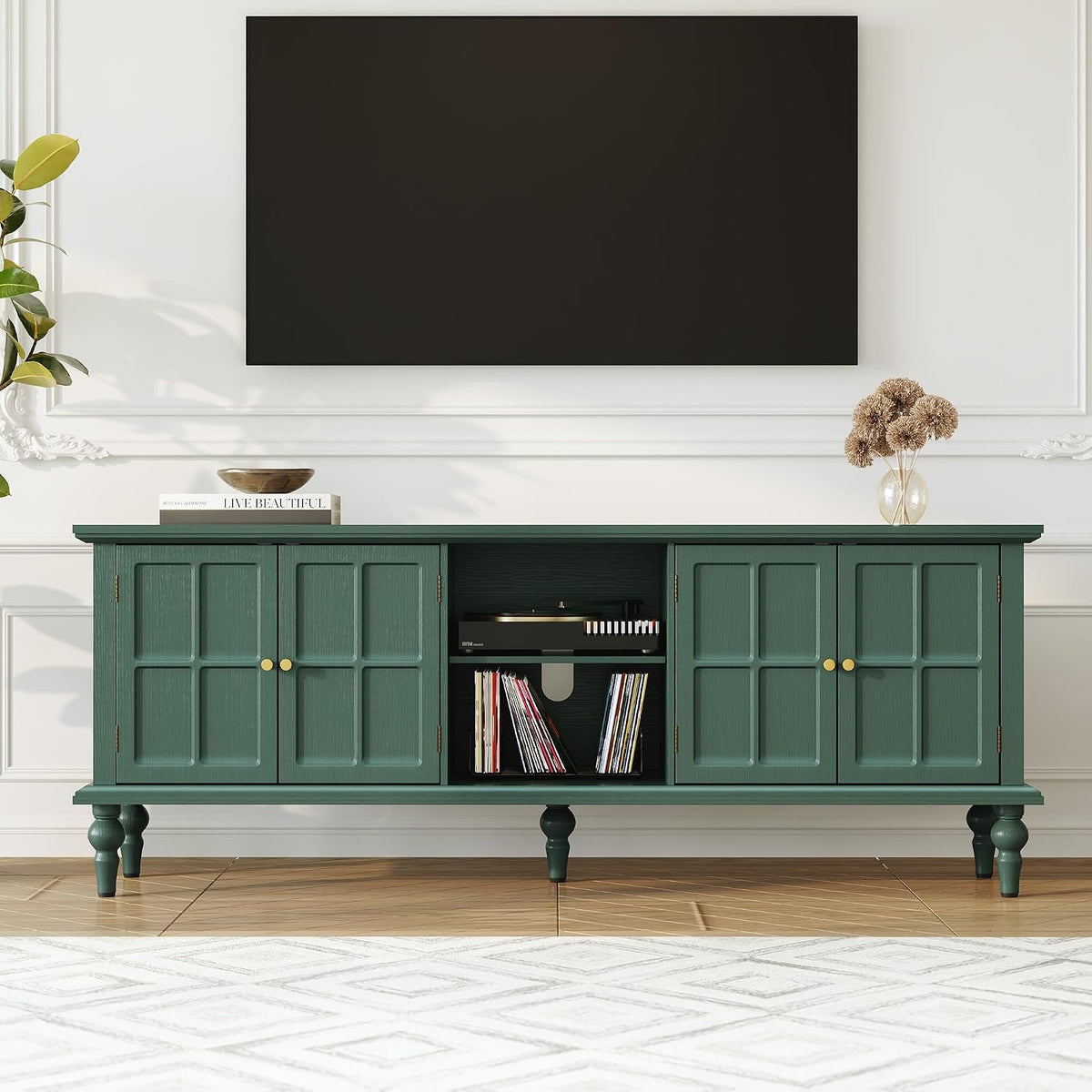 3More 67" Mid Century Modern TV Stand with Window Design, Green
