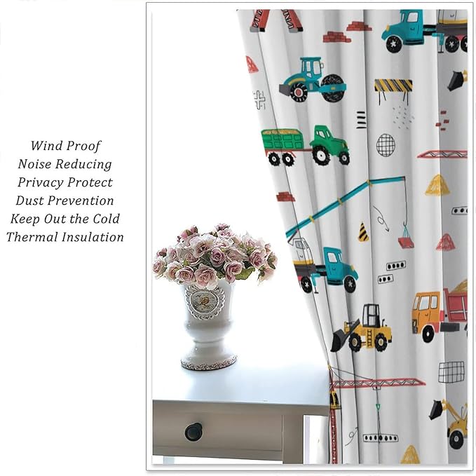 Construction Window Curtains, Kids Cartoon Construction Machines Building Hand