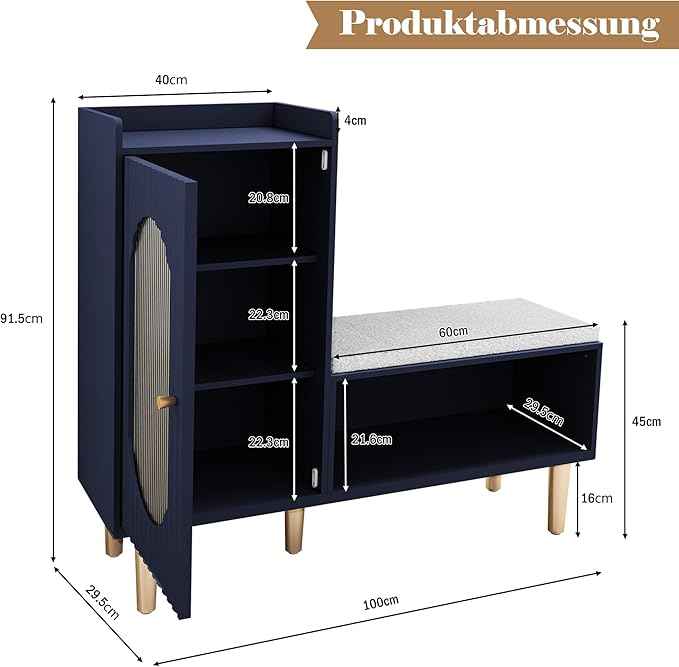 HLR Storage Bench with Glass Door&Shelf, Modern Entryway Shoe Cabinet Bench