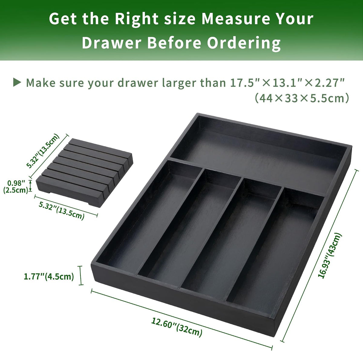 VaeFae Bamboo Silverware Drawer Organizer, 5 Slots, Black