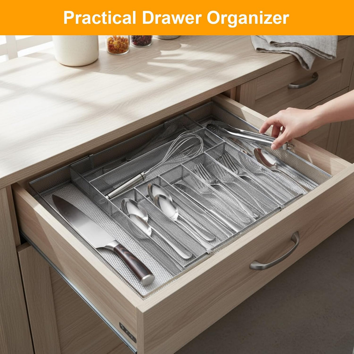 1 Pcs Utensil Drawer Silverware Organizer, Metal Mesh, Silver