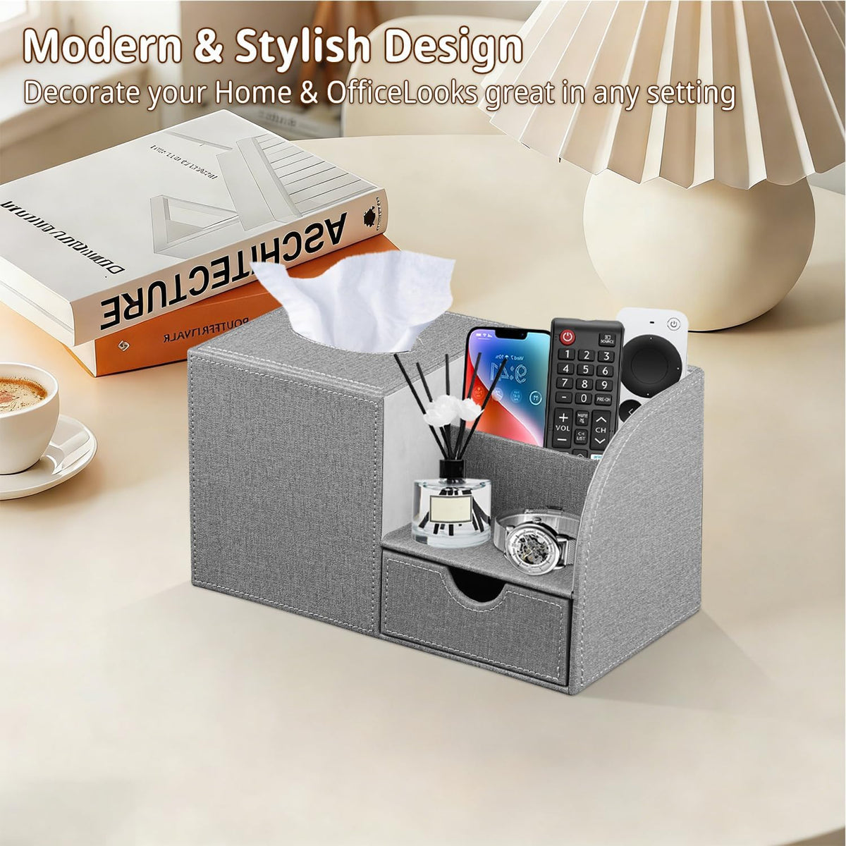 Nightstand Organizer with Tissue Holder,PU Leather Square Tissue Box Cover