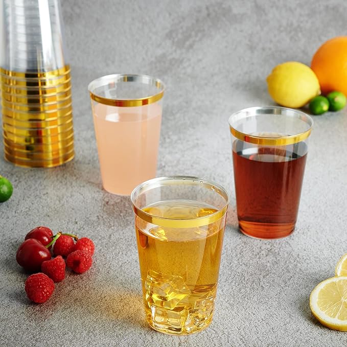 FOCUSLINE 200 Pack 12 oz Gold Rimmed Plastic Cups, Heavy-duty & Fancy
