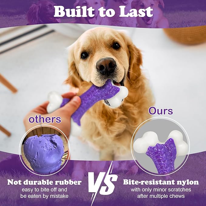 2-Pack Indestructible Dog Toys for Aggressive Chewers: Bacon Flavored Hard Nylon Bone Chew Toys, Tough Dog Chew Toys for Large Dogs, Dog Toys to Keep Them Busy for Medium Large Breed, Purple