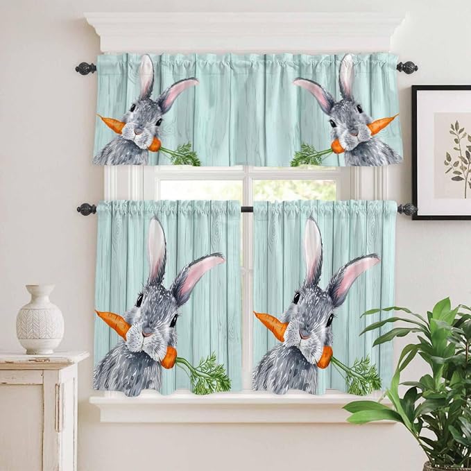 Easter Kitchen Curtain Set, Spring Rabbit Botanical Carrots Green Wooden Grain