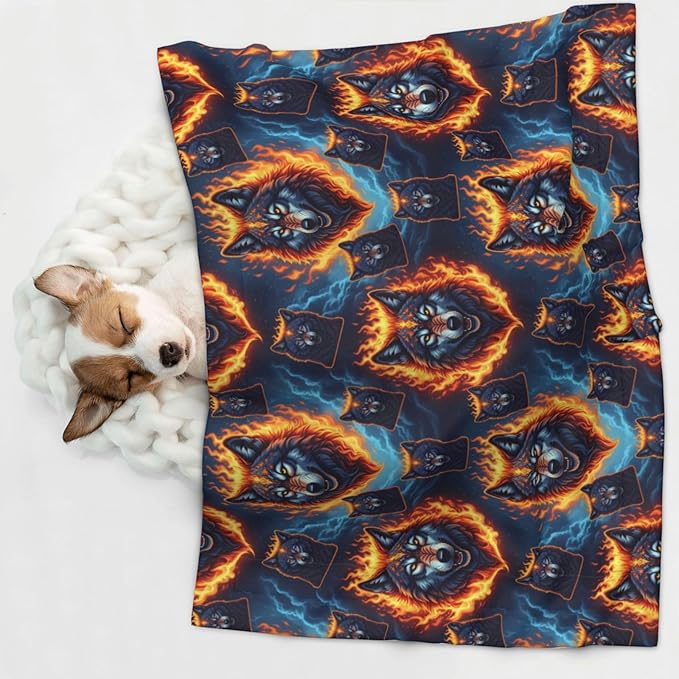 Pet Blanket for Couches and Beds, Wolf with Flame, Reversible Double Sided Plush Design with Soft Bumpy Texture and Smooth Surface, Furniture Protector