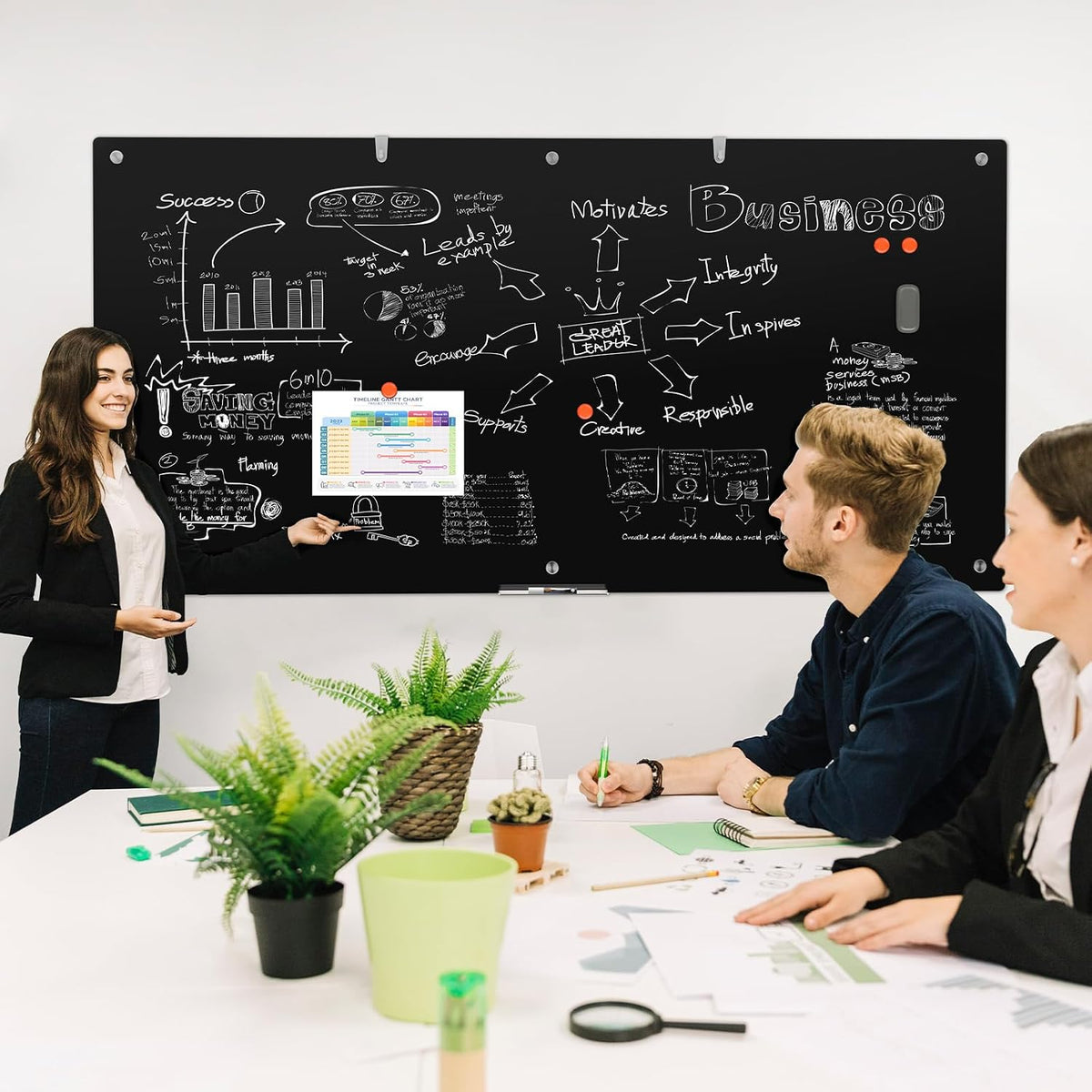 Wingwise Large Black Glass Dry Erase Board, 96 x 48 in Magnetic Blackboard